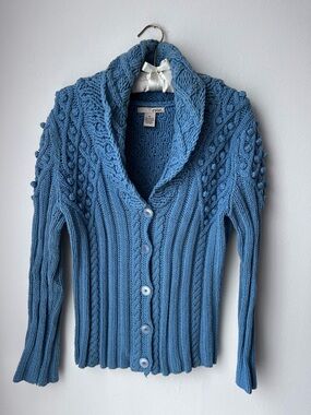 Evie Blue Popcorn Bobble Cable Knit Cardigan Sweater Sz M
